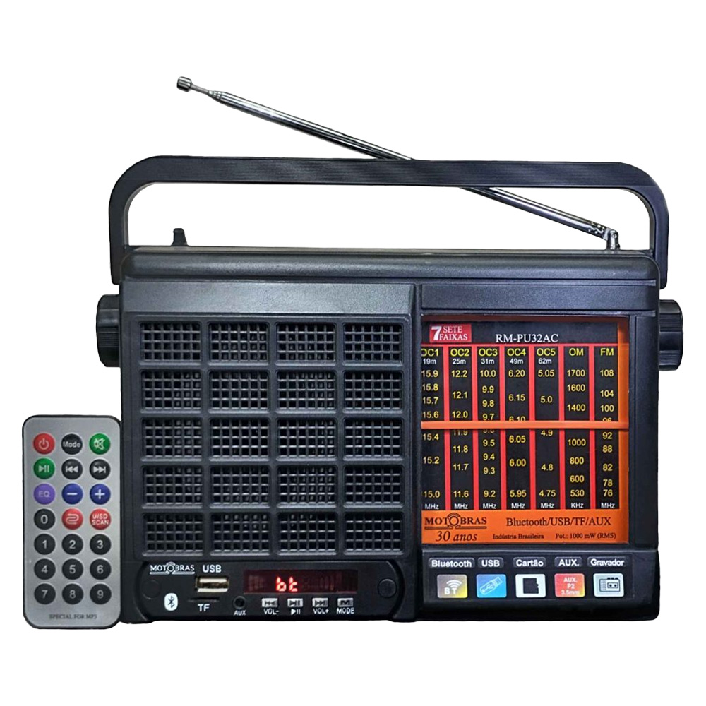 Rádio Portátil Motobrás RM-PU32AC 7 Faixas AM/FM/OC 1000mW Bluetooth