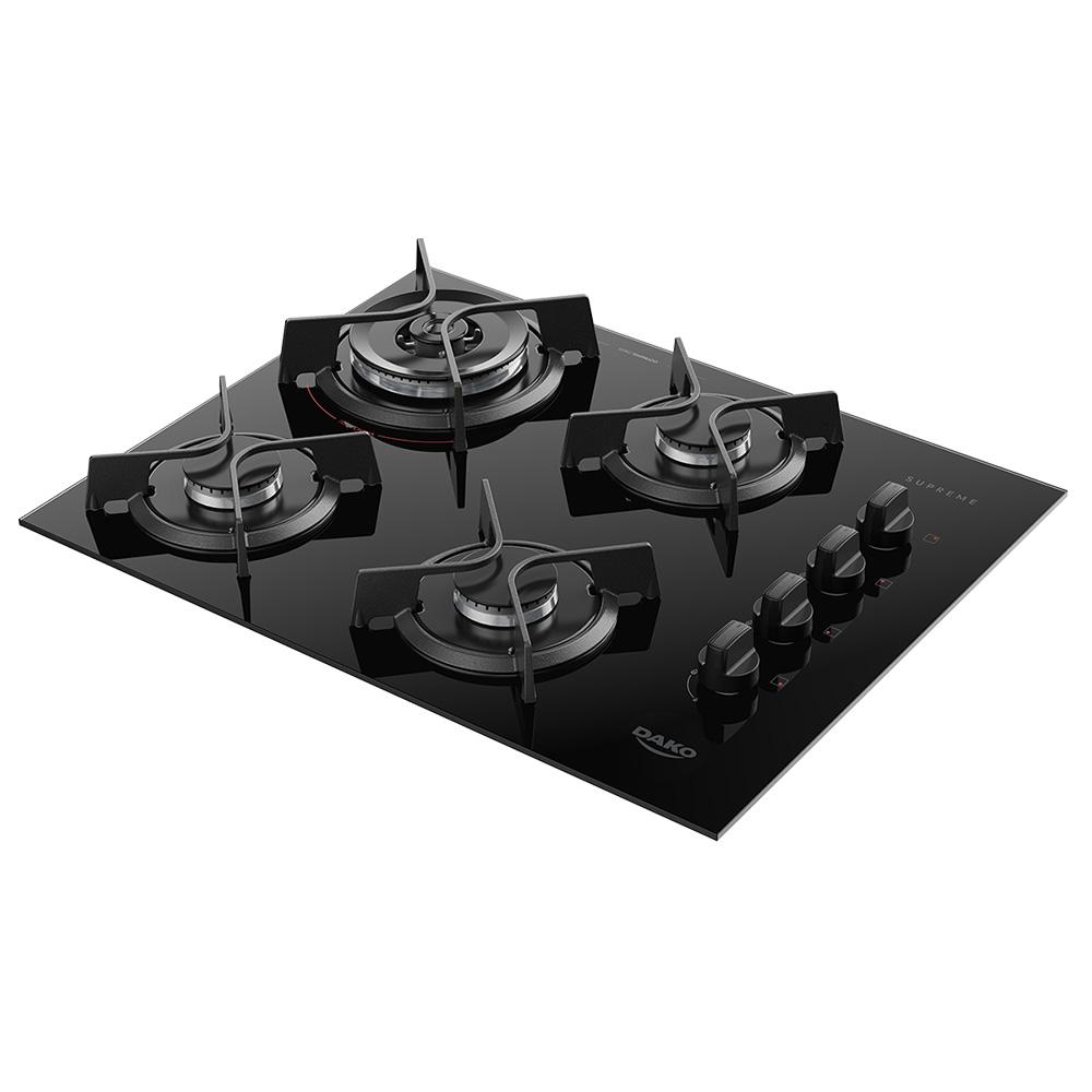 Cooktop a Gás Dako Supreme 4 Bocas Mesa em Vidro Trempes em Ferro Fundido