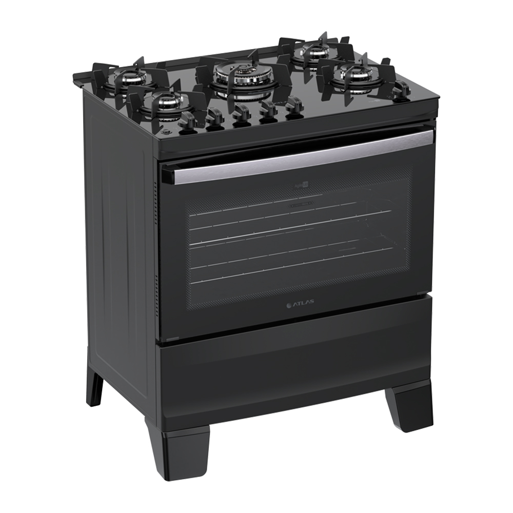 Fogão Atlas Agile Glass 5 bocas Automático Mesa de Vidro Tripla Chama