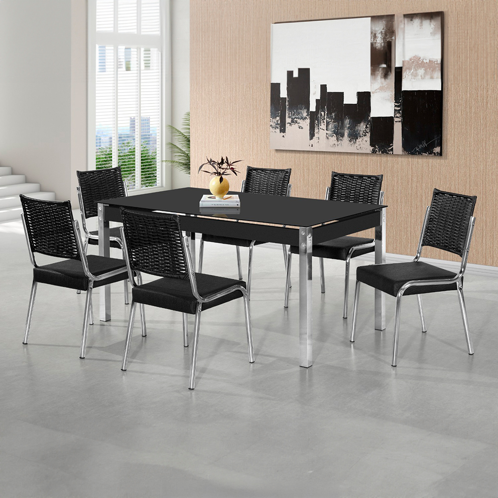 Conjunto de Mesa 6 Cadeiras Tampo de Vidro CR RT Aço Nobre