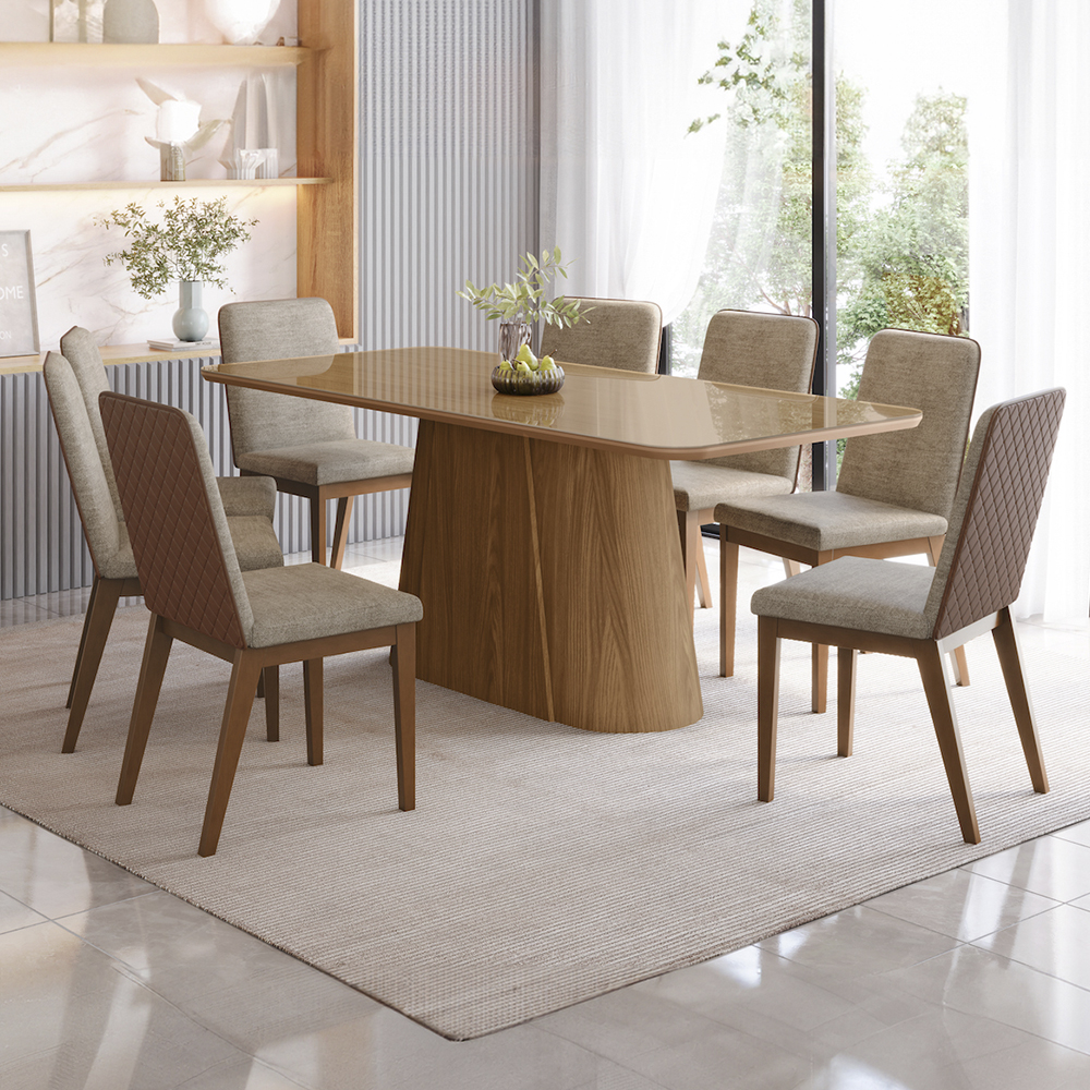 Conjunto de Mesa 8 Cadeiras Tampo Madeira e Vidro Olivia Henn