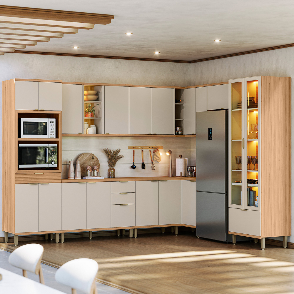 Cozinha Modulada 9 Peças 18 Portas 5 Gavetas com Cristaleira Bless Linea Brasil