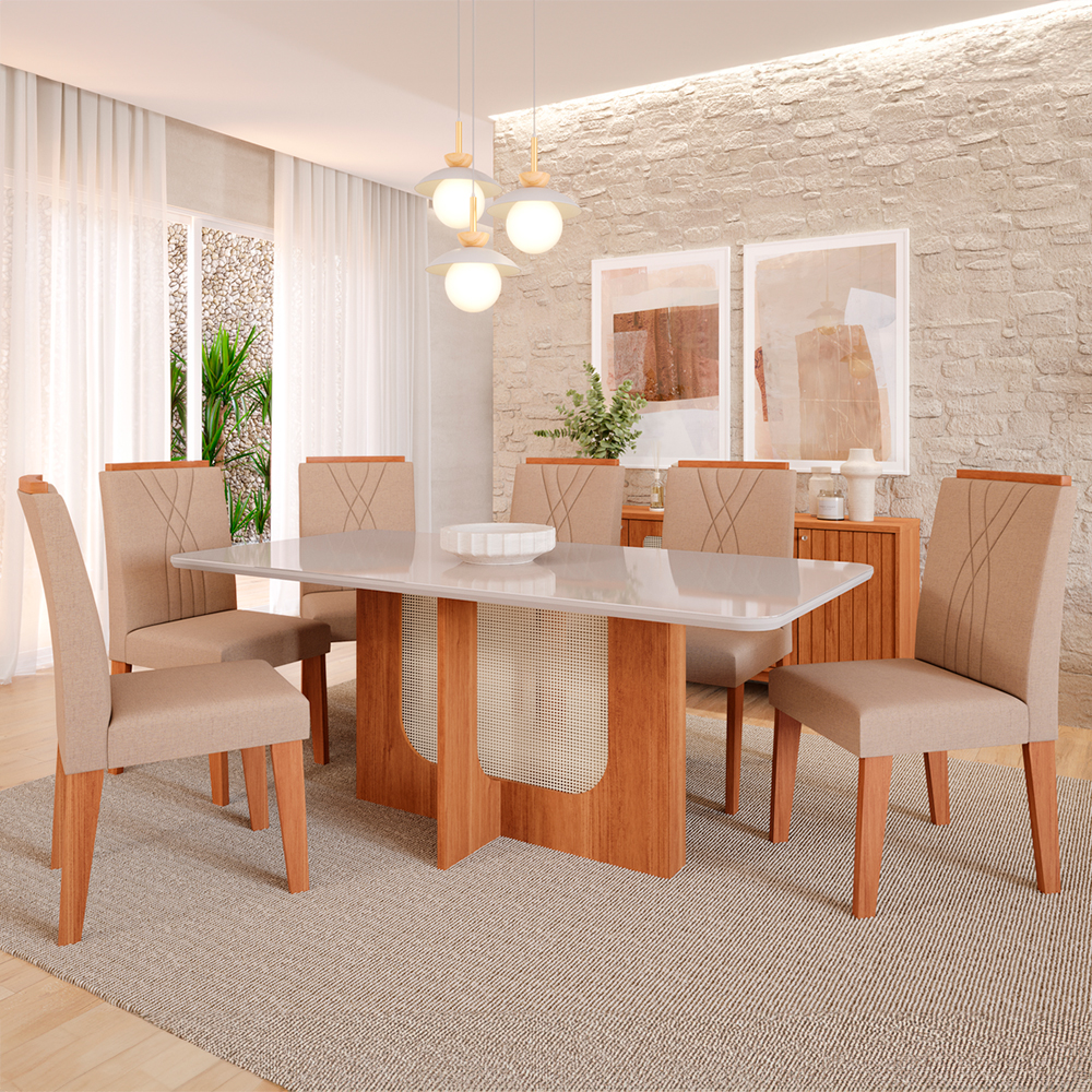 Conjunto de Mesa 6 Cadeiras Tampo MDF e Vidro Louise Cimol