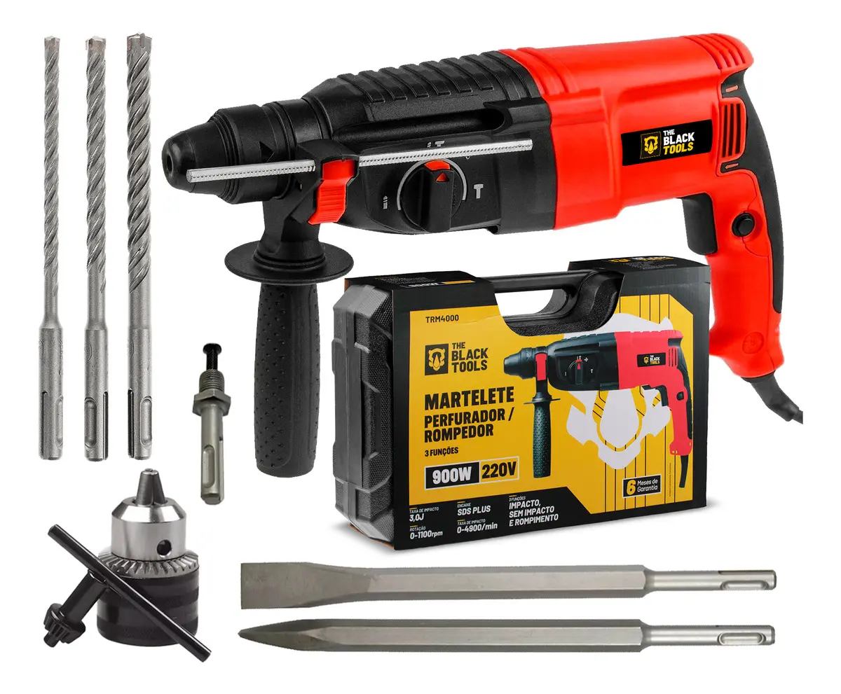 Martelete Perfurador Rompedor Professional 26mm 900w Sds Plus 3j Com Maleta E Acessorios Trm-4000 The Black Tools